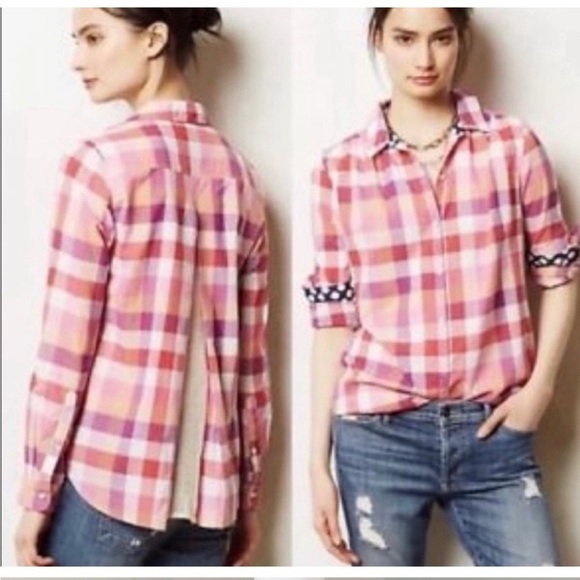 ANTHROPOLOGIE Isabella Sinclair Hibiscus Tea Pink Plaid Button Down Medium - Picture 1 of 10